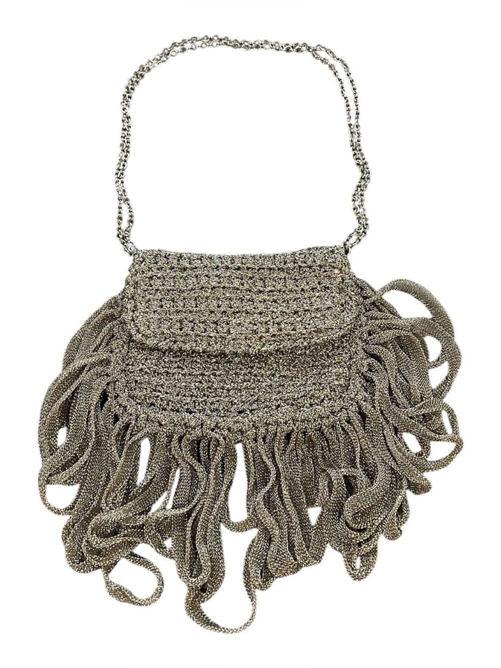 Vtg 1970s/80s Italy Bag Silver Metalic Crochet Chainmail Fringe Winkelman’s